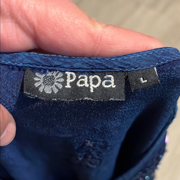 Papa Blue Ruffled Blouse with Mandarin Collar Large - Picture 2 of 3